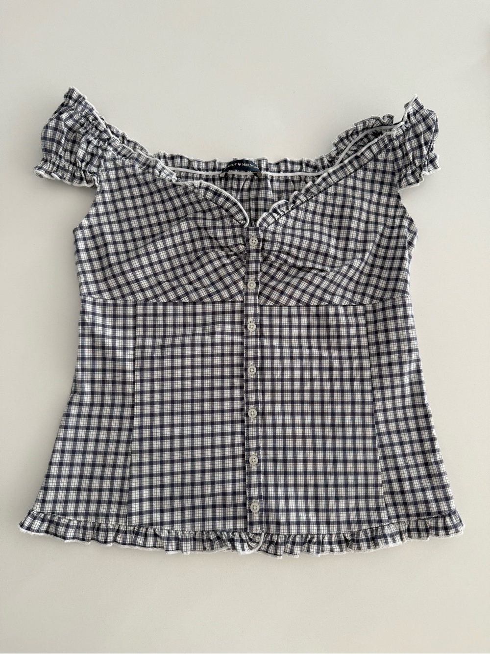 Brandy Melville Elena Button-Up Top Cap Sleeves Blue/ White Checkered Ruffle